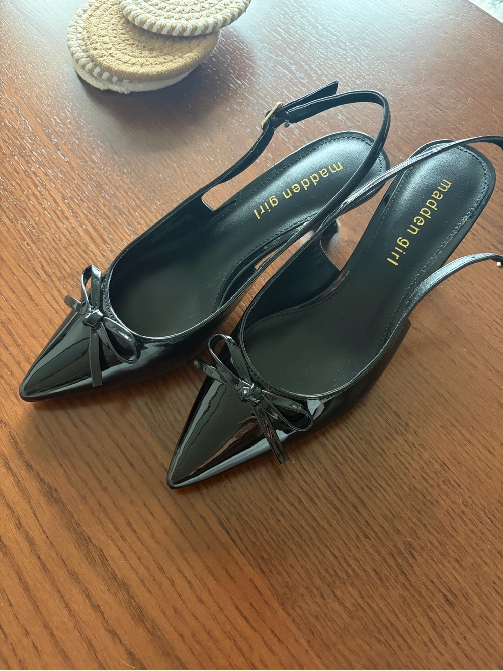 Madden Girl Black Patent Pointed-Toe Slingback Mules with Bow